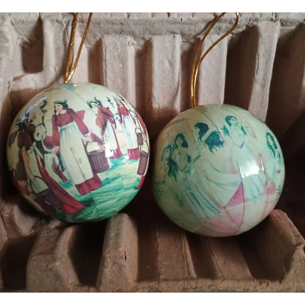 VTG The Twelve Days of Christmas Decoupage Paper Mache Ball Ornament Set & Box